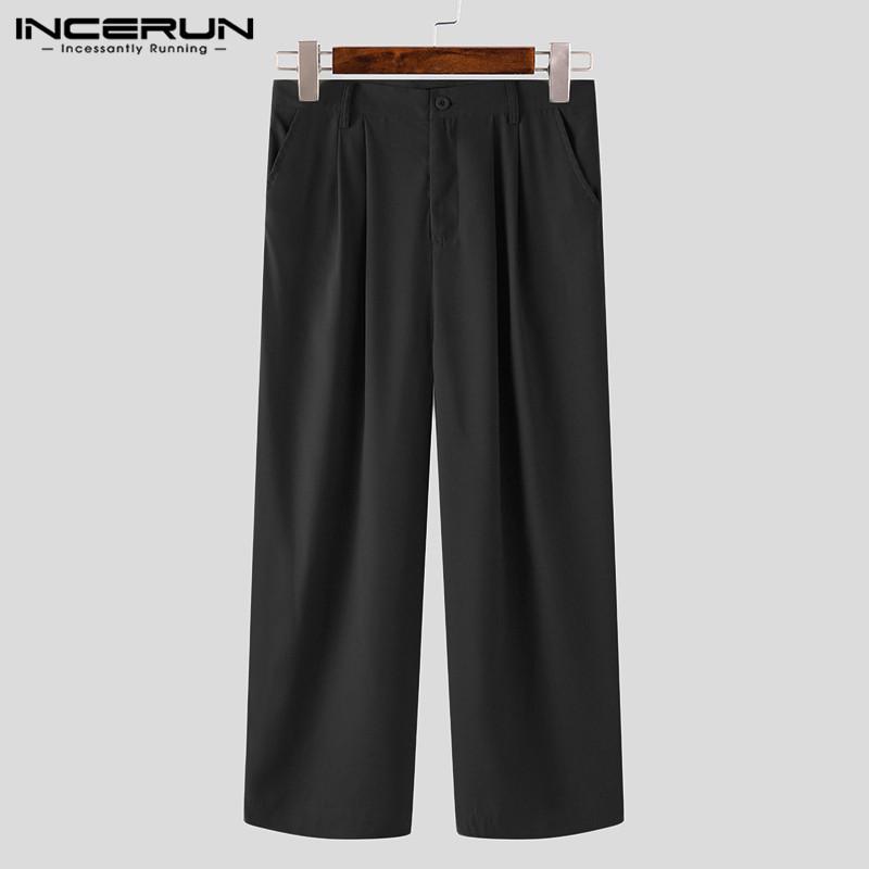 

2021 Spring Man Baggy Loose Pantalones INCERUN Men Solid Color Pants Leisure Button Straight Trousers Fashion Zipper Bottoms 5XL, Black