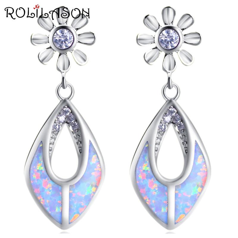 

ROLILASON Exquisite gift for women silver plated Drop Earring white crystal White Fire Opal Flower Design Fashion Jewelry OE712