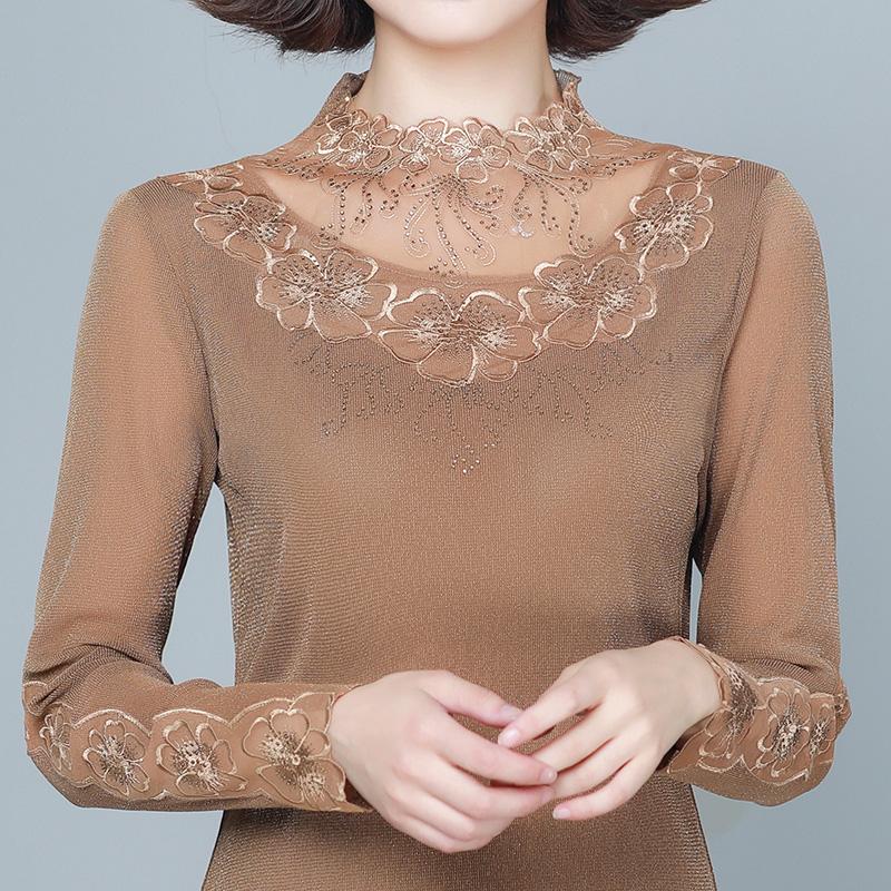 

New 2021 Autumn Long Sleeve Mesh Tops Fashion casual Hot drill Women's T-Shirt Embroidery Slim Plus Size Woman tshirts blusas, Black