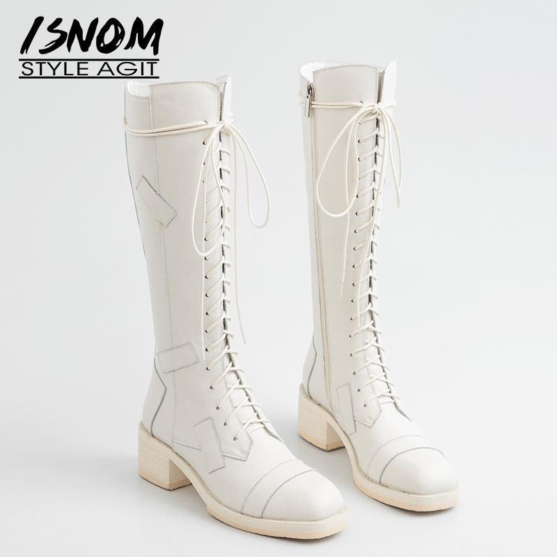 

Boots ISNOM Mid-Calf Women Motorcycle Boot Woman High Heels Cow Leather Shoes Female Square Toe Lace Up Ladies Spring 20211, Beige