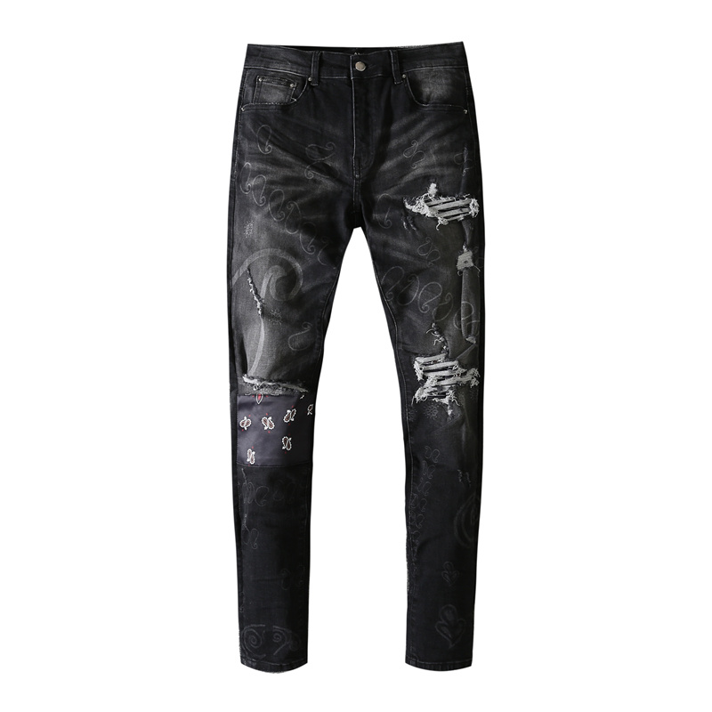 

New Men Jeans Kneet Patchwork Distressed Ripped Jeans Fashion Design Straight Motorcycle Biker Causal Denim Pants Streetwear Style, Black
