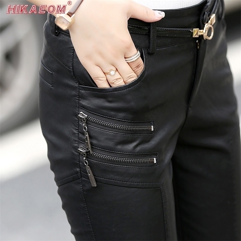 

Spring Autumn Casual Leather Pants Women Hot Slim PU Leather Stylish Zipper Fashion Pencil Skinny Trousers For Woman With Belt 201228, Black