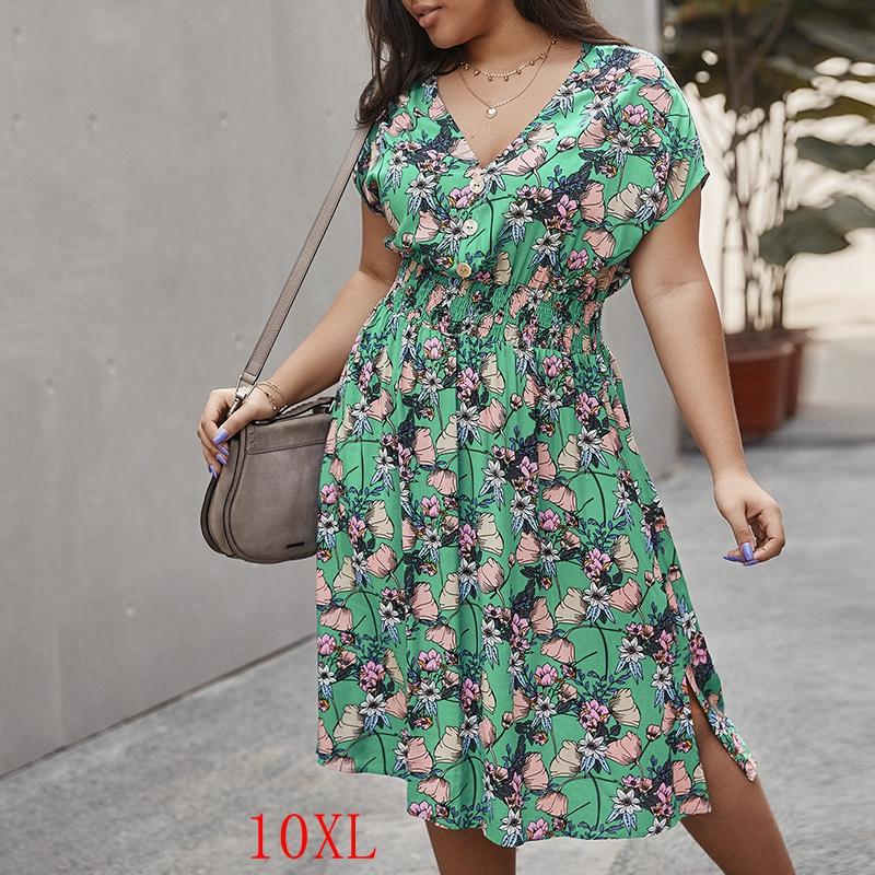 

Summer women' plus size dress 7XL 8XL 9XL 10XL fashion plus size sexy V-neck raglan sleeve button cotton printed casual dress, Blue