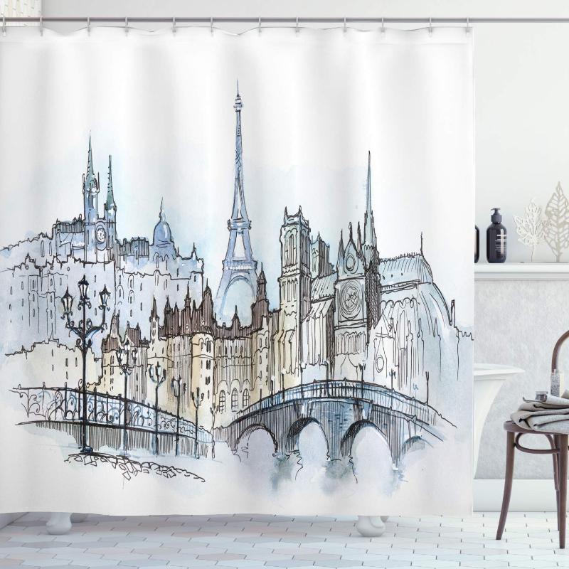 

Urban Decor Shower Curtain Cityscape Paris Eiffel Tower Illustration Old Buildings Pattern Fabric Bathroom Decor Set Hooks 70 In1