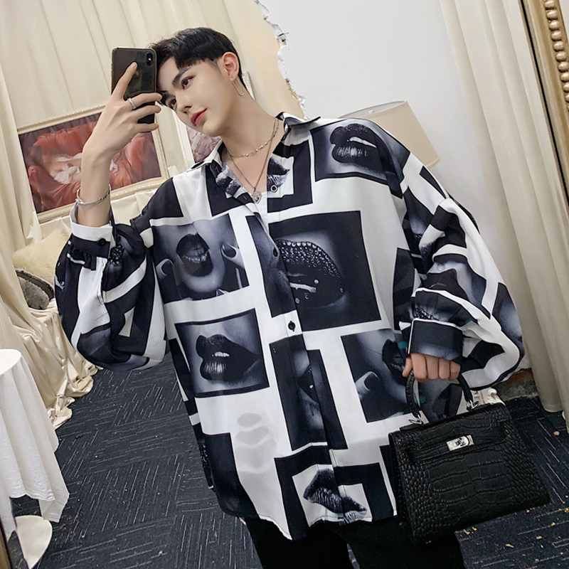 

2021 New Spring Sexy Lip Designer Print Bat Glove Chic Oversize Big Men's Long-sleeve Shirt. 3V0U, 11