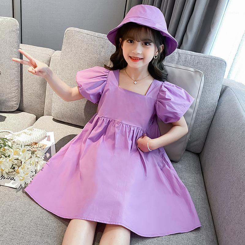 

Girls Dresses Casual Short Sleeve Cotton Yellow Pink Light Purple 4 5 6 7 8 9 10 11 12 13 14 Years Kids Dress Send Headgear Hat1