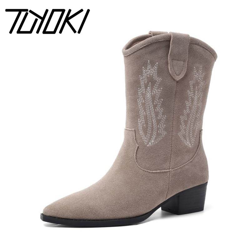 

Tuyoki Plus Size 34-46 Genuine Leather Half Short Boots Women Winter Warm Fur High Heel Boots Pointed Toe Cowgirl Shoes Women, Black