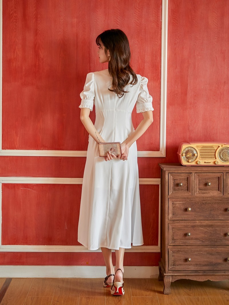 

2021 New Summer White Woman Turn-down Collar Puff Sleeve Single Breasted Trumpet Mermaid Dress Elegant Party Girl Btfz