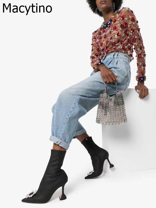 

Sexy Sock Boots Black Stretch Boots High Heels For Women Crystal Fashion Shoes 10cm Party Ankle Booties Female1