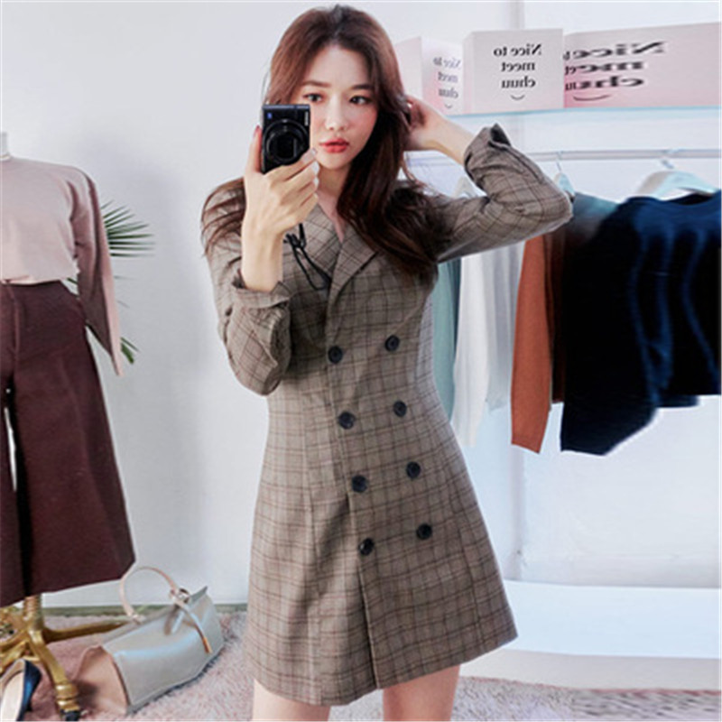 

2021 Mini Short Female New Korean Fashion Dress Ol Retro V-neck Skinny Striped Double Suit Elegant to Work Q4ML, Grey striped.