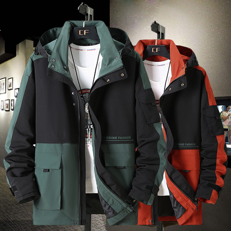 

2021 New Men's Hooded Plus Size Oversized Jacket Retro Pocket Casual Spring Male Coat Colorblock 9xl 10xl Jpma GEFR, Orange