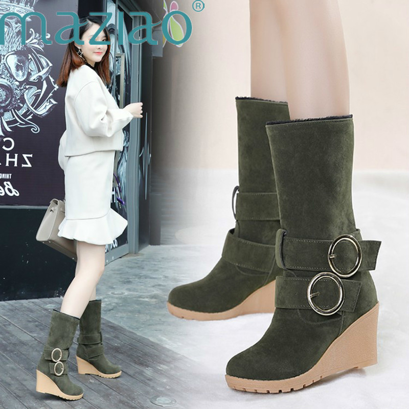 

Top quality High Heel Mid-Calf Women Wedges Ladies Buckle Woman Winter Shoes Flock Warm Martin Snow Boots MAZIAO, Black