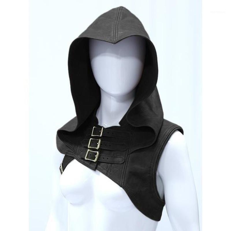 

Halloween Women Hat T-shirt Huntress Assassin Medieval Cosplay Costumes Carnival Hooded Crop Tops Leather Vest Elf Clothing cap1