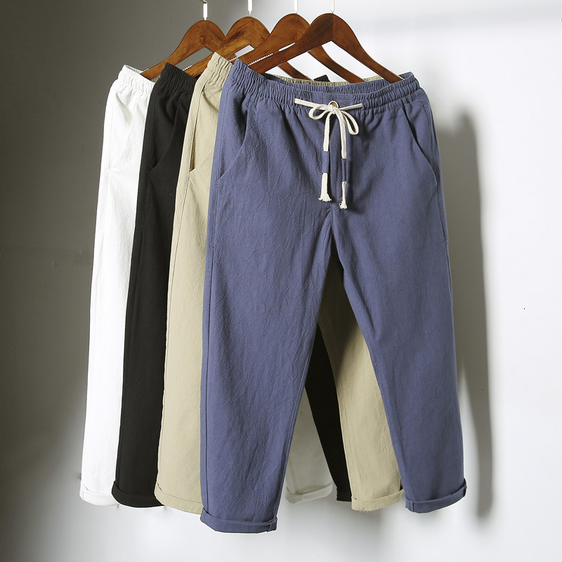 

2021 Casual Men Linen Summer Ankle-length Black Trousers Male New Solid Breathable Comfort Pants Streetwear Pantalon Uiie