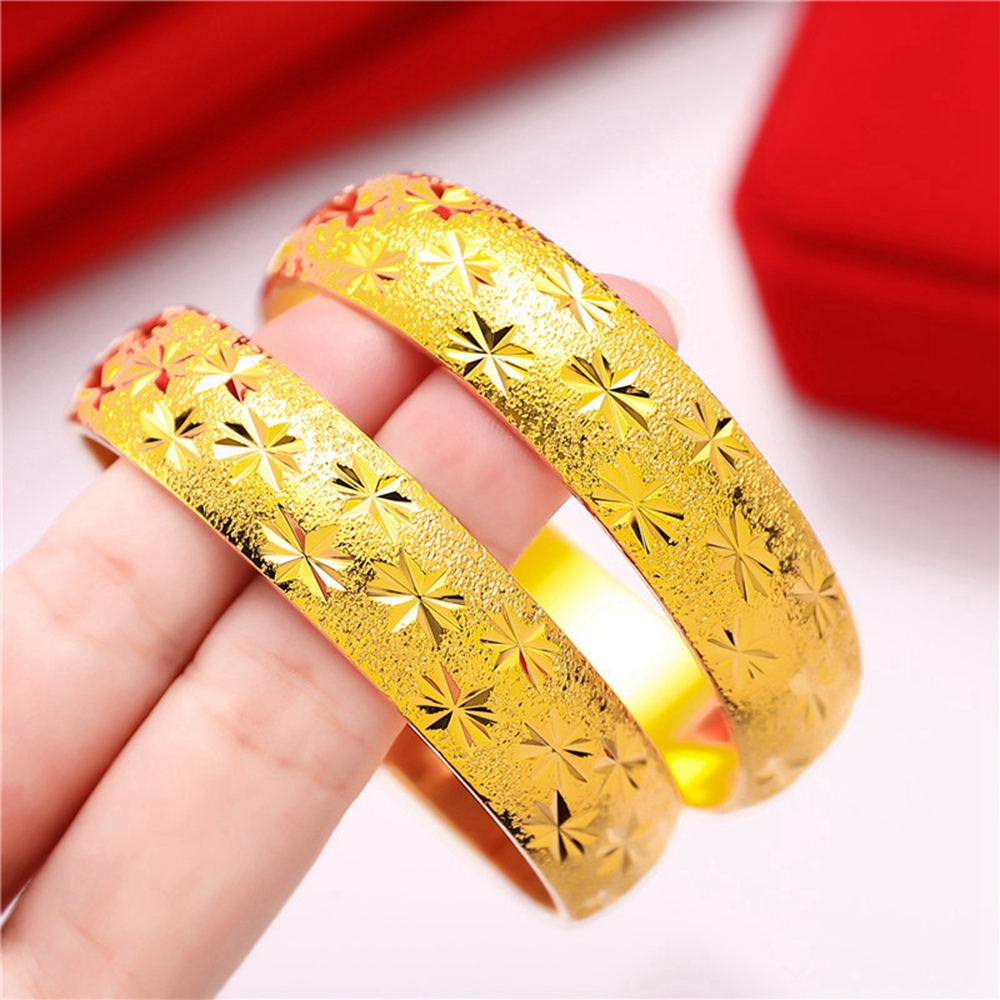 Star Carved Thick Bangle Bracelet Women 18k Yellow Gold Filled Dubai Classic Wedding Bridal Jewelry Gift 15mm Wide-image-749368552
