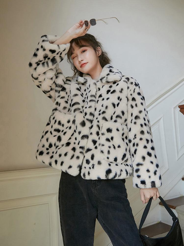 

Autumn Winter Leopard Print Casual Long Sleeve Coat Streetwear Lamb Velvet Women's Faux Fur Warm Leopard Print Fur Short Coat, Kh