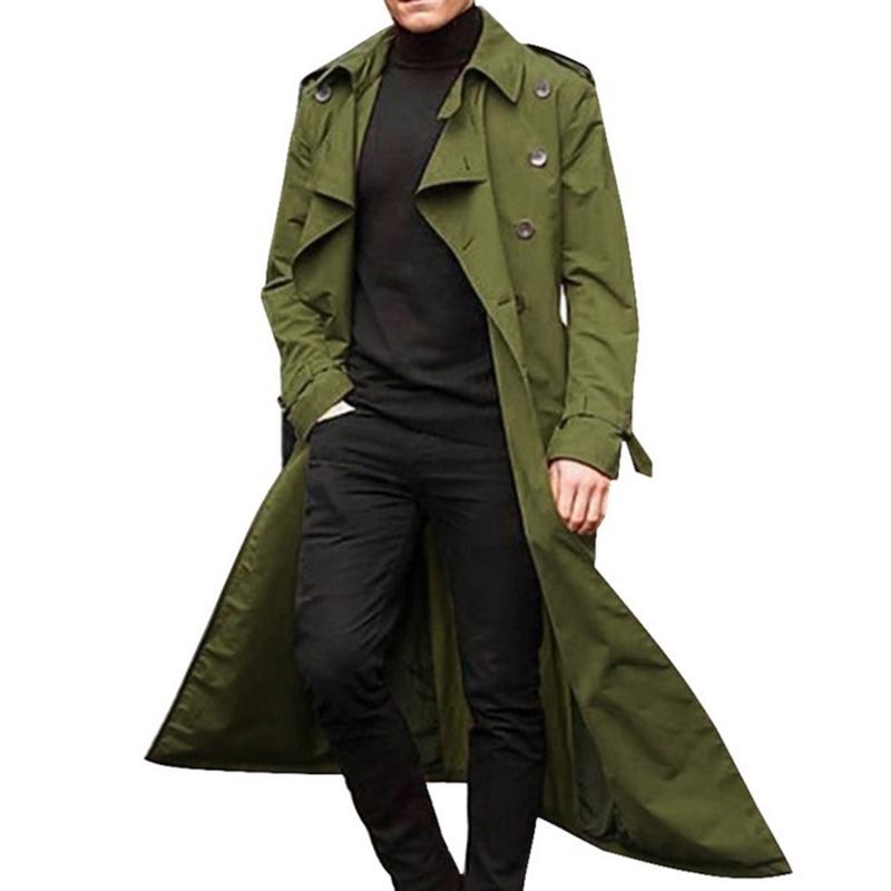 

Men Casual Long Coat Double Breasted Turn Down Trench Coat Solid Color Jacket Male Fashion Long Sleeve Outwear Windbreaker, Khaki