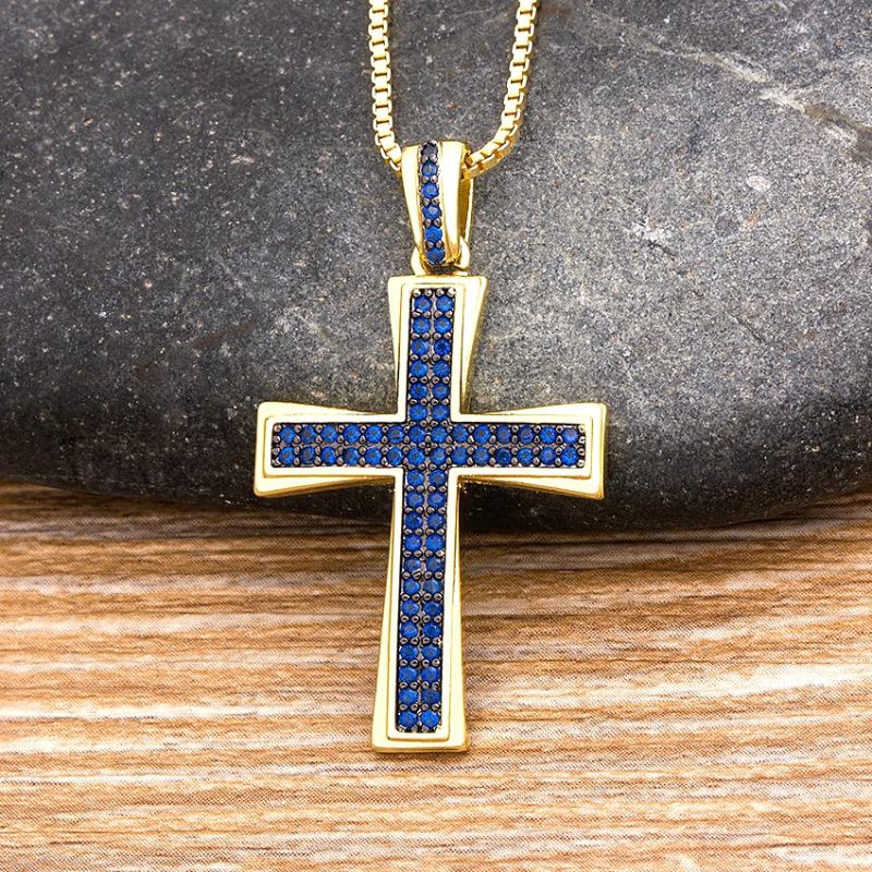 

2020 New Design Cross Blue Crystal Pendant Gold Chain Necklace Copper Cubic Zircon Choker 4 Colors Choice Religion Jewelry Gifts