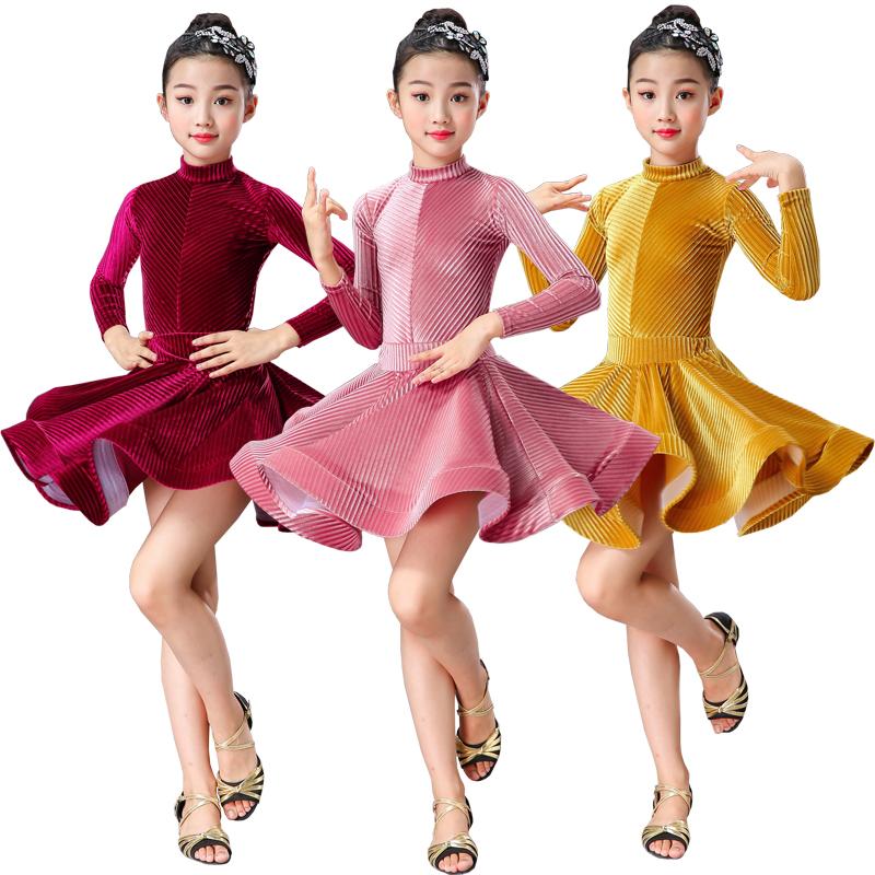 

2021 girls latin dresses for dancing ballroom dance dress rumba samba velvet children samba cha cha tango skirt standard salsa, Pink