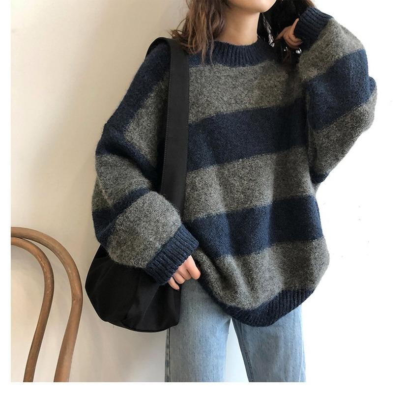 

Fashion Casual Ladies Oversized Sweater Retro Striped Loose Pullover Streetwear Winter New Knitted Pullover, Blue