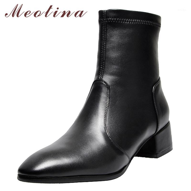 

Meotina Ankle Boots Women Shoes Real Leather High Heel Short Boots Round Toe Thick Heels Ladies Autumn Black Khaki Size 401, Black suede