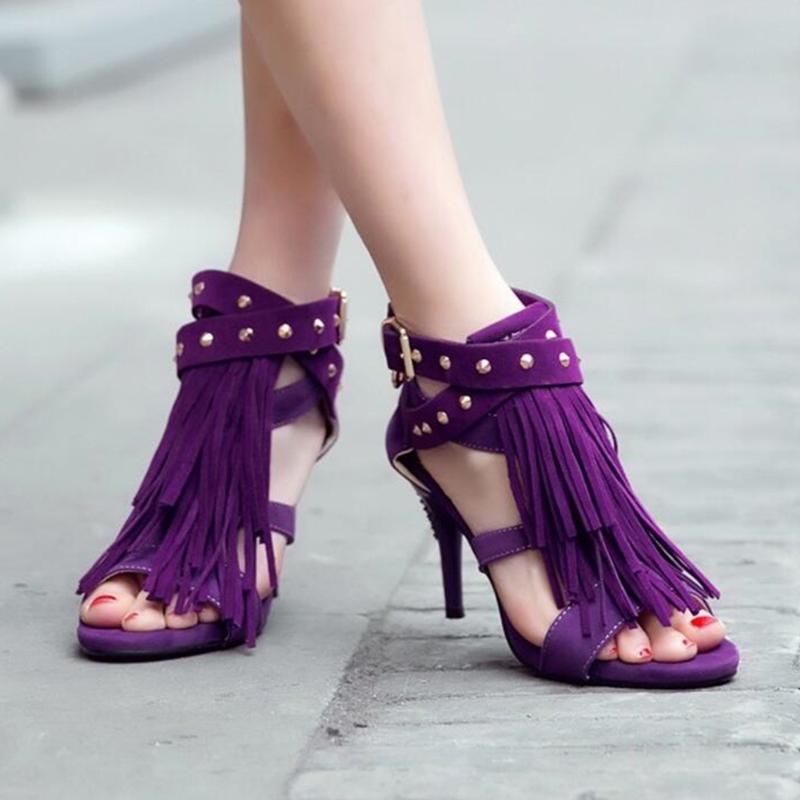 

NEW Sexy Women Tassels Sandals Ladies Nubuck High Heels Woman Open Toe Sandals Cross Ankle Strap Rivets Summer Shoes, Red