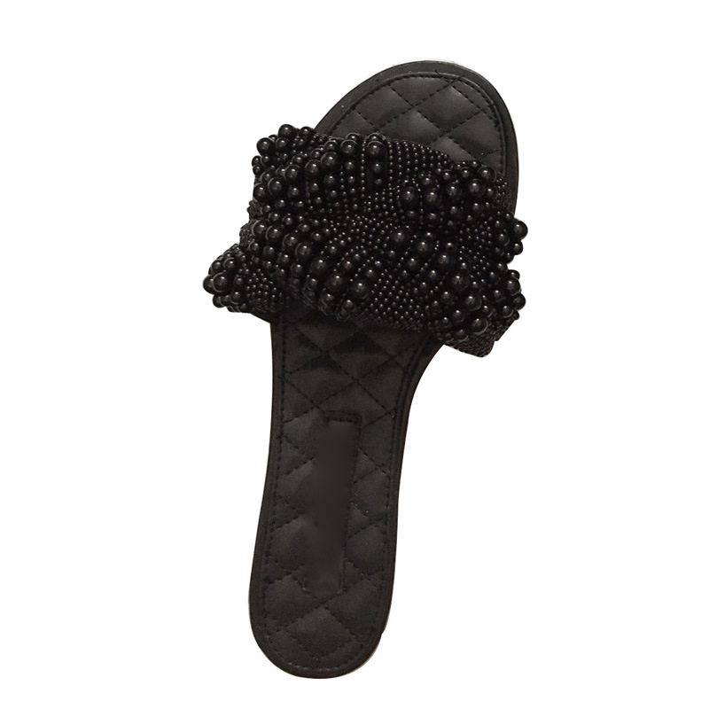 

2020 spring and summer in Europe and America pearl flat slippers fashion outer wear open-toed sandals female shoes a font vacation, Black