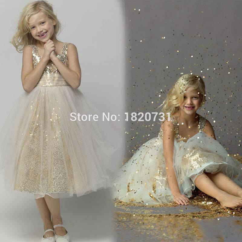 

2020 A-line Flower Girl Dresses Gold Sequins Sparkle Cute Dresses -length Custom made For Children, Beige