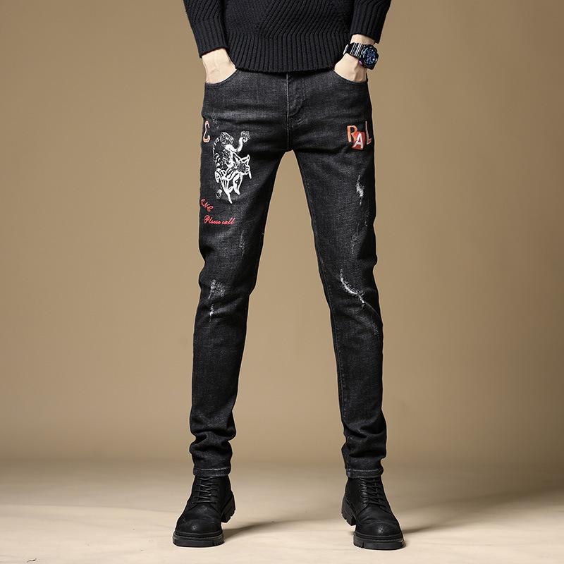 

Black Hole Letter Embroidery Mens Elastic Slim Fit Jeans Fashion Casual Ripped Denim Pants drop shipping