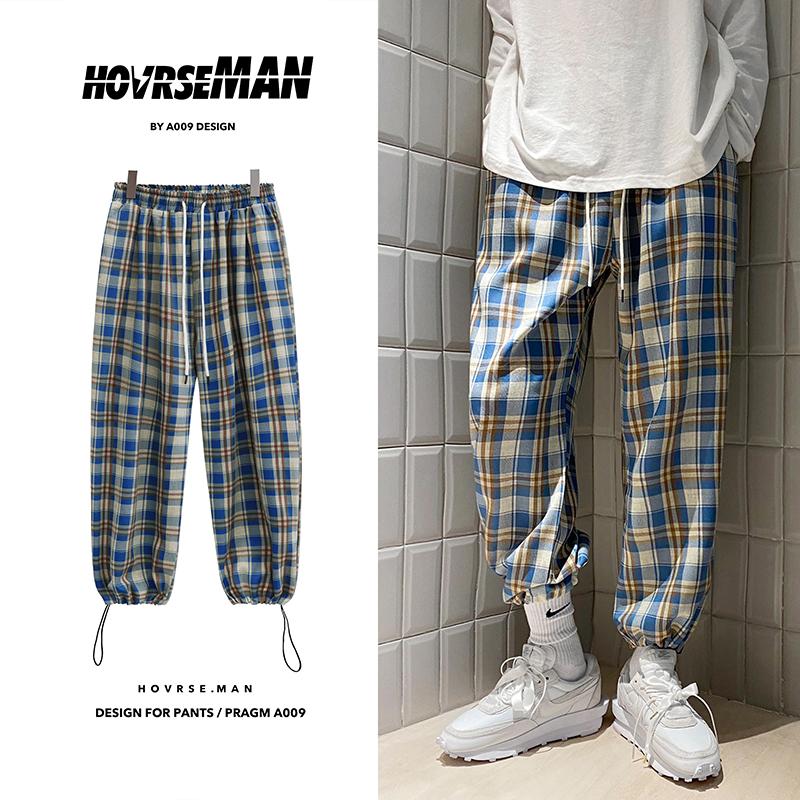 

Man's Pants New 2020 Autumn Fashion Grid Loose 5xl Big Size Straight Korea Style Street Elastic Waist Soft 3/4 Length Pants Men, White blue