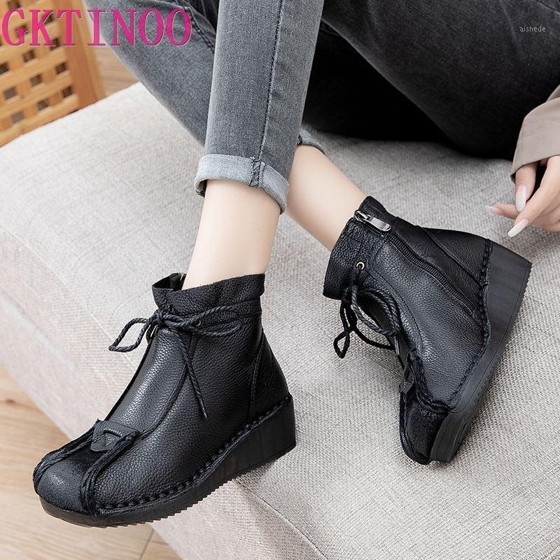 

GKTINOO Ankle Boots For Women Shoes Genuine Leather Lace-up Women Boots 2021 New Round Toe Flat With Sewing Ladies Shoes1, A9373 black