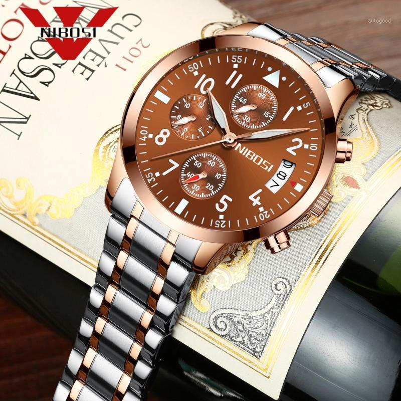 

Wristwatches NIBOSI Men's Watches Classic Luxury Fashion Quartz Chronograph Watch Men In Full Steel Waterproof Clock Relogio Masculino1, Rose coffee steel