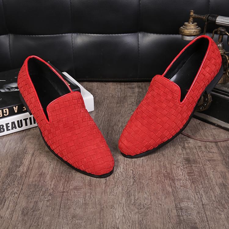 

2020 new coming round toe slip on real suede leather loafers red/black breathable woven wedding shoes men large size EU46