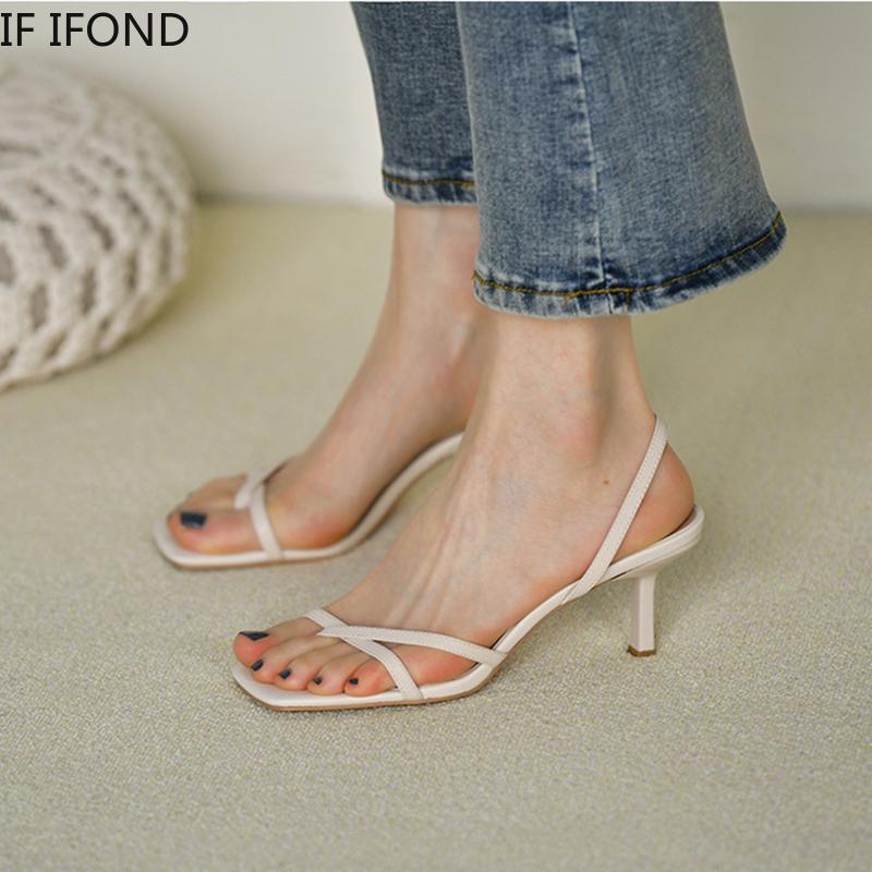 

IF IFOND Summer Flip Flops High Heel Sandals Shoes For Women Vintage Square Toe Back Strap Shoes Female Slides Party New, Beige