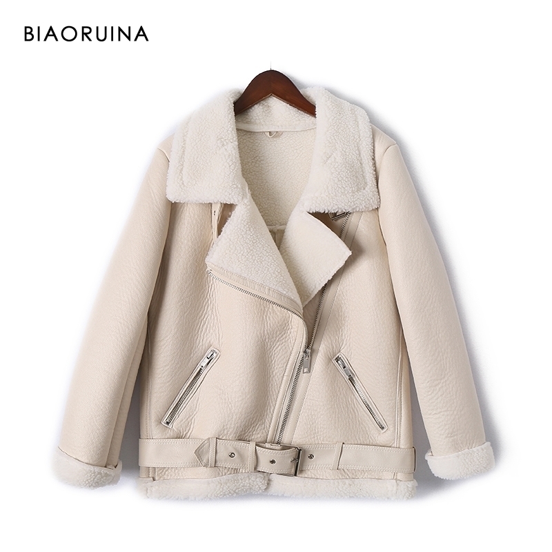 

BIAORUINA Moto&Biker Style Women's Loose Faux Leather Patchwork Lamb Keep Warm Thick Jacket Coat Turn-down Collar with Belt 201029, Black