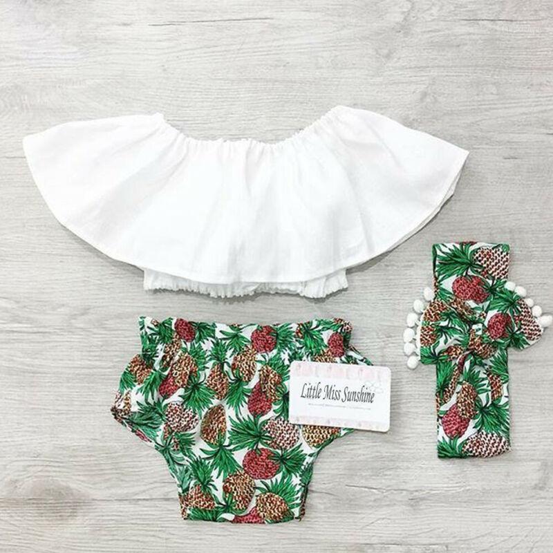 

3pcs Fashion Cute Baby Clothes Sets Girl New Summer Clothes Ruffle Tank Crop Top Vest+Pineapple Shorts Pants Headwear Outfits1, White