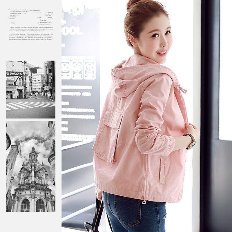 

Spring New Autumn Women Hooded Cotton Jacket Coat 2020 College Wind Long Sleeve Solid Color Top Short Windbreaker Female breaker, Green