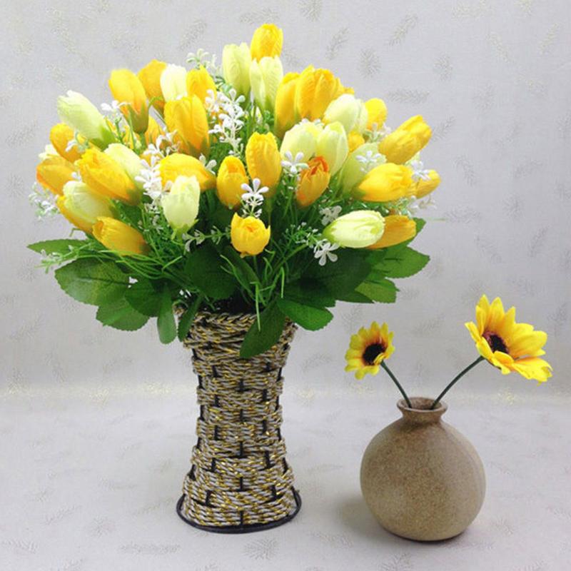 

15 Heads Silk Tulip Bouquets Flowers With Green Leaves For Home Wedding Decor Furnishings Landscap P20, Yellow