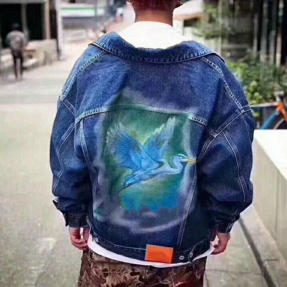 

Hp Men and Women Couple Autumn and Winter Crane Printing Denim Jacket Jacket, Blue