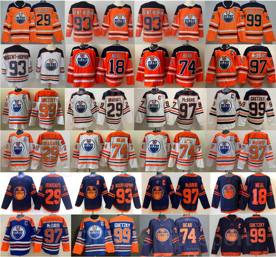 

Edmonton Oilers Ice Hockey29 Leon Draisaitl Jersey 97 Connor McDavid 99 Wayne Gretzky 93 Ryan Nugent-Hopkins 18 James Neal 74 Ethan Bear Reverse Retro Home Away Blank, White