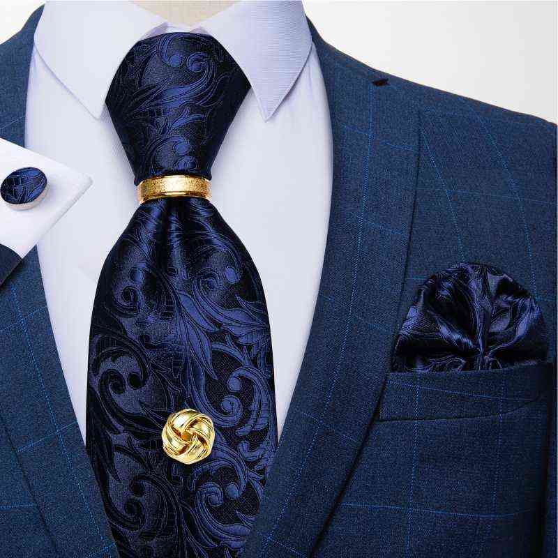 

Luxury Blue Floral Paisley Ties For Men Wedding Neck Tie Handkerchief Cufflinks Tie Ring And Tie Tack Set Gift For Men DiBanGu G220312