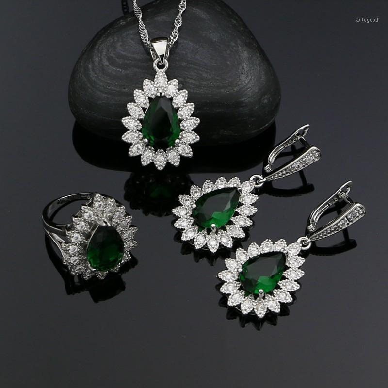 

Earrings & Necklace Silver 925 Jewelry Sets For Women Green Cubic Zirconia White Crystal Water Drop Ring Pendant Sets1, As pic