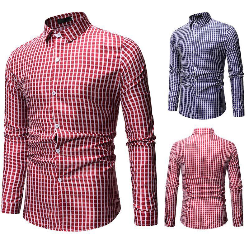 

Plus Size Casual Slim Shirts Men Plaid All Match Mens Shirt Long Sleeve Red Stylish Clothing New Arrival Male Tops Comfortable, Blue