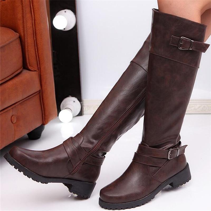 

35-43 Size Women Knee High Buckle Long Boots Female Autumn Winter Soft Leather Fashion Square Heel Knight Boots Black Brown