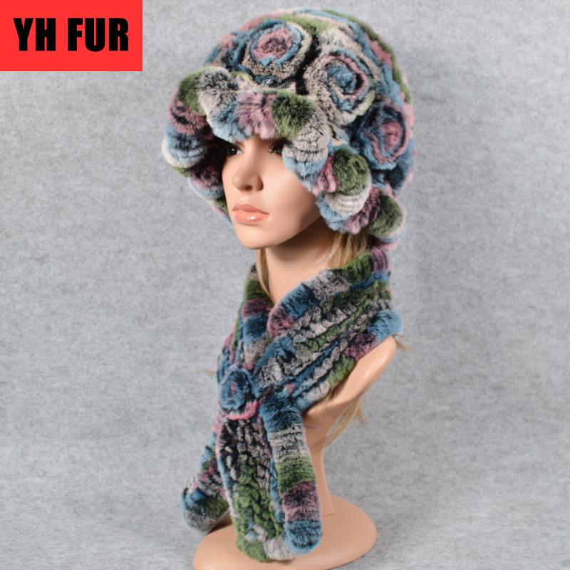 

New Style Knit Real Rex Fur 2 Pieces Sets Hat Scarf Women Rex Fur Cap Scarves Natural Poncho Hats