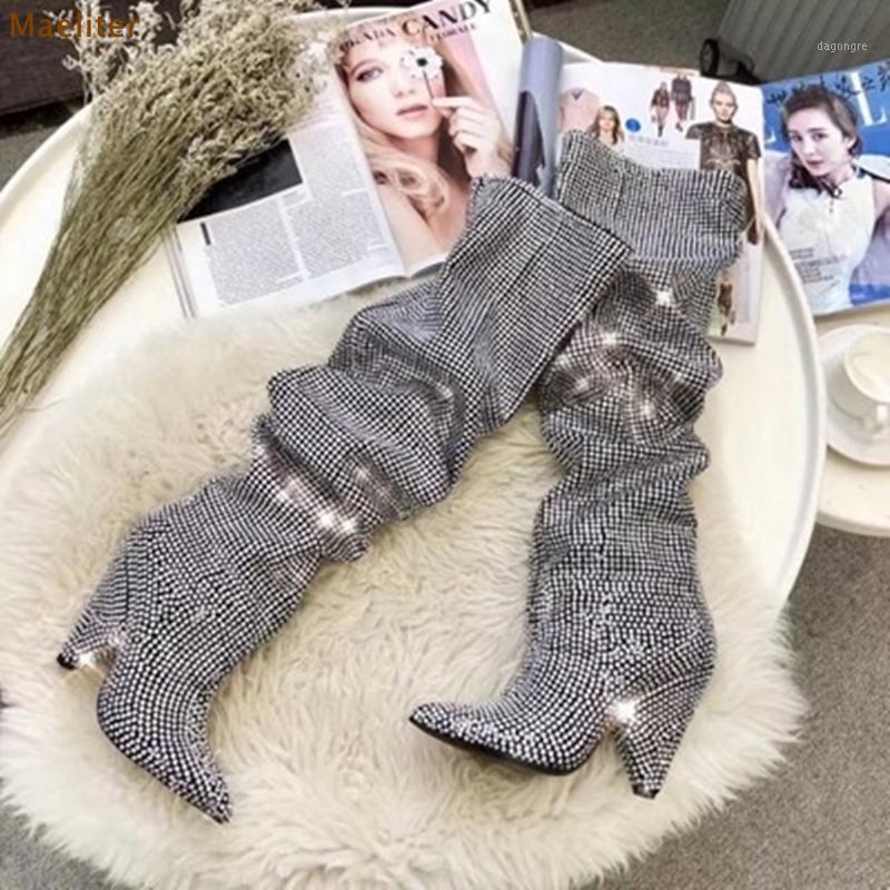 

Women Brand Sparkling Wedding Shoes Exquisite Silver Crystal Dress Boots Knee Boots Spike Heel Fall Winter Folded Chic1, As picture