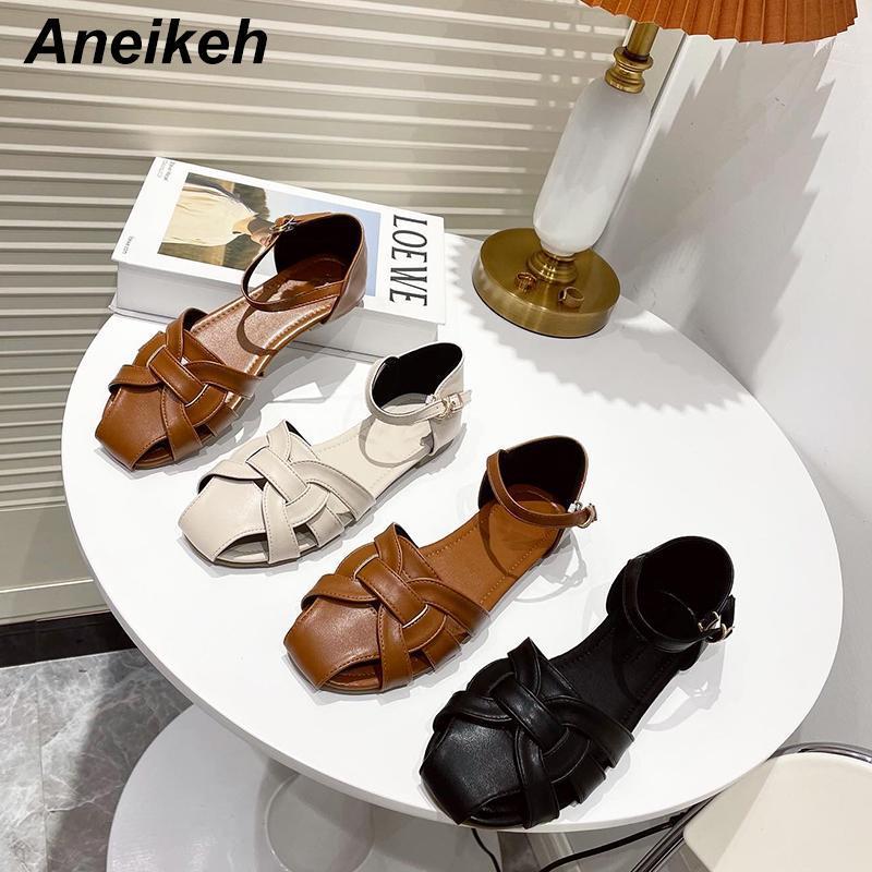 

Aneikeh 2021 New Summer Flat with Sandals PU Ankle-Wrap Buckle Strap Cover Heel Solid Shallow Casual Leisure Apricot Size 35-391, Black
