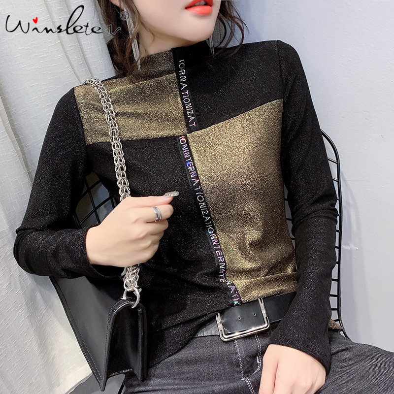

Spring T-shirt Women Shiny Diamonds Letters Color Block Mock Neck Long Sleeve T shirt Tops Tee Casual T02403B 201125, Gold