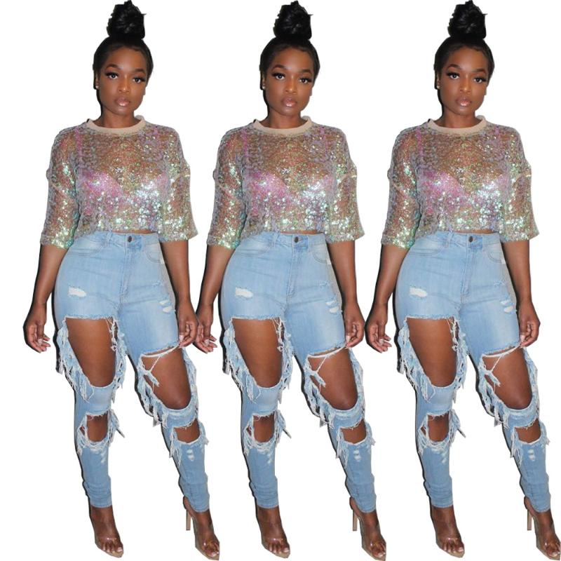 

Blingbling Sequins Women Girls Half Sleeves T Shirt O Neck Short Top Tees for Nightclub Party Daily Wear Summer, Sheer