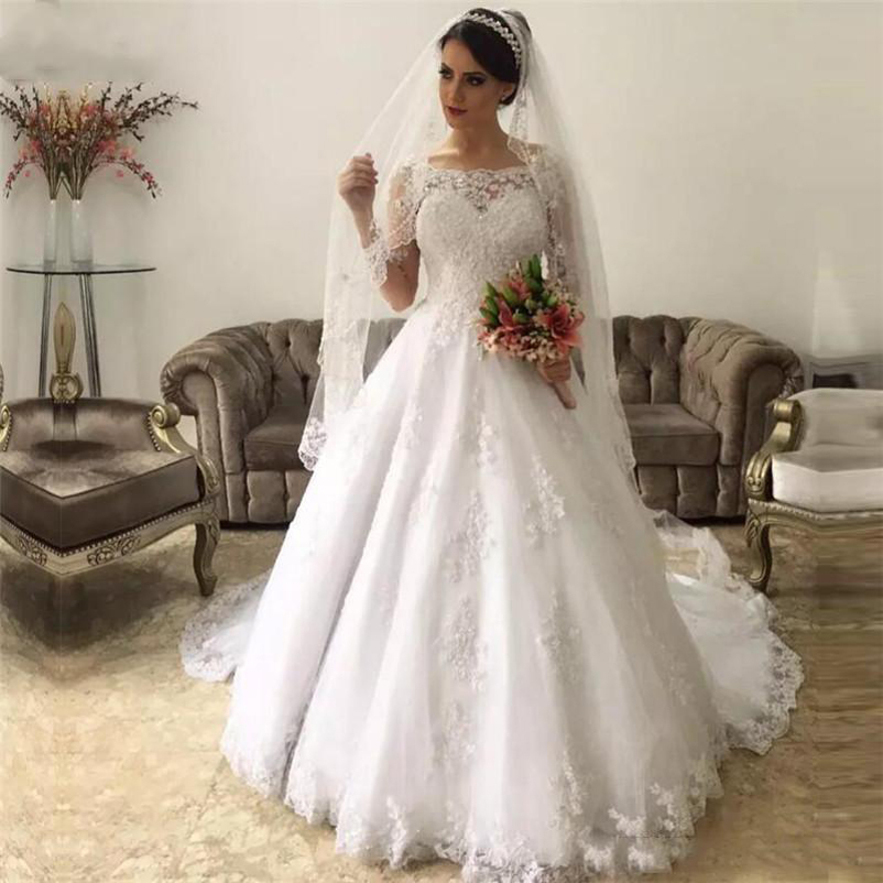 

Custom Made Long Sleeves Lace Wedding Dresses with Appliques Scoop Neck Court Train Tulle Wedding Bridal Gowns, White